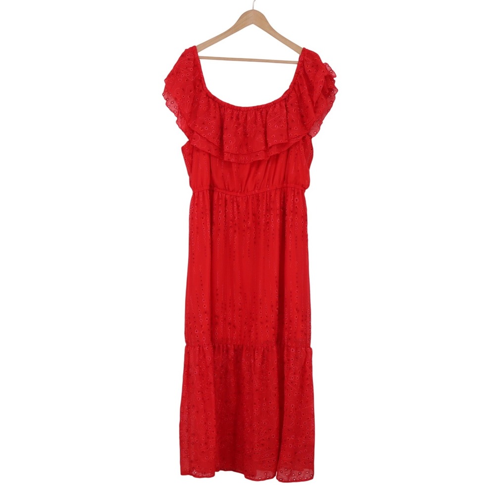 Sofia Jeans Dress Womens 3X Red Eyelet Ruffle Off Shoulder Maxi Excellent